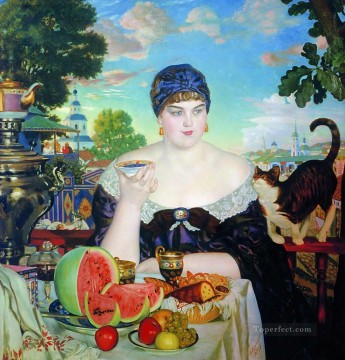 お茶をする商人の妻 1918年 ボリス・ミハイロヴィチ・クストーディエフ Oil Paintings